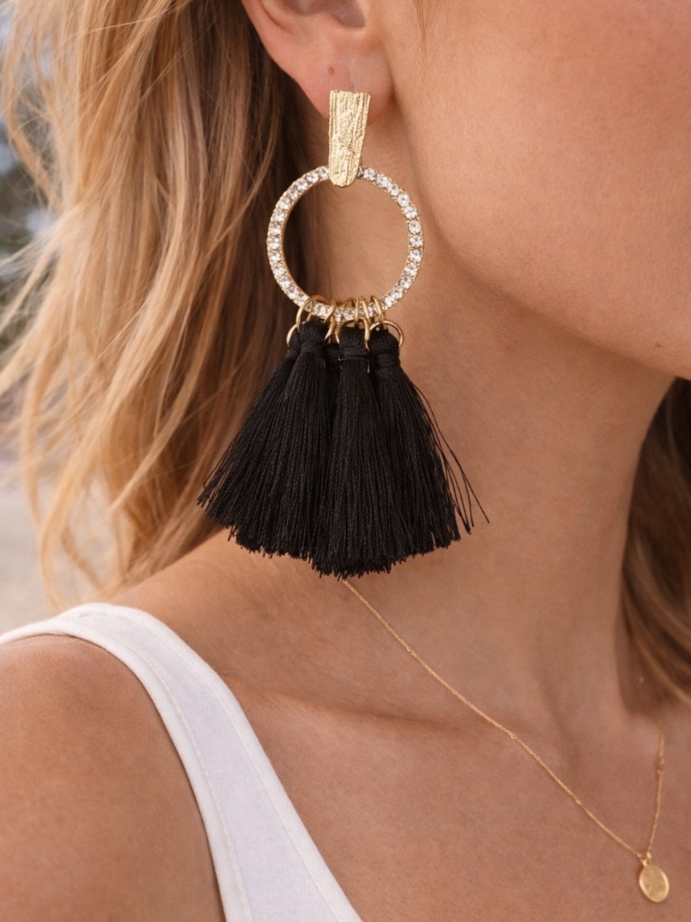 Black Tassel Statement Earrings Gold Rhinestone Hoop Ashlyn Rose NWT